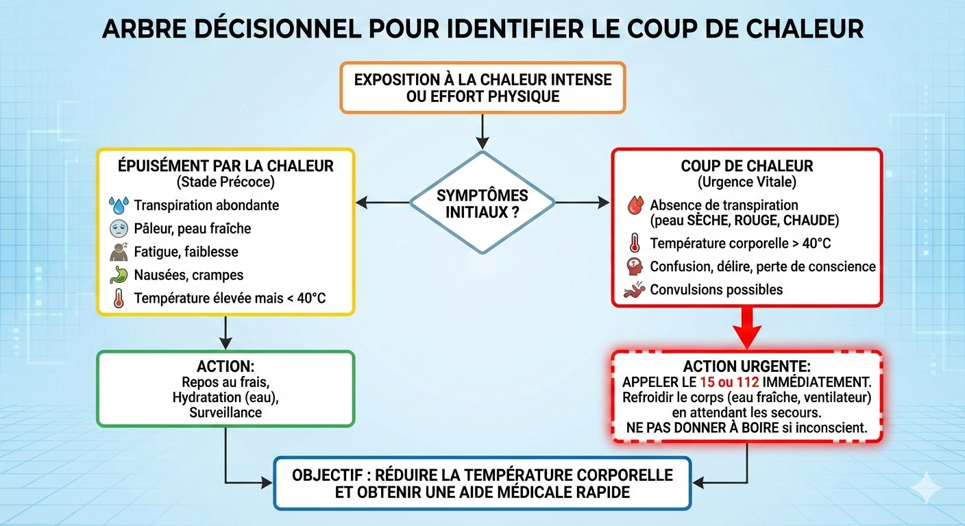 Symptômes et gestes d'urgence pour les risques liés à la température au travail.