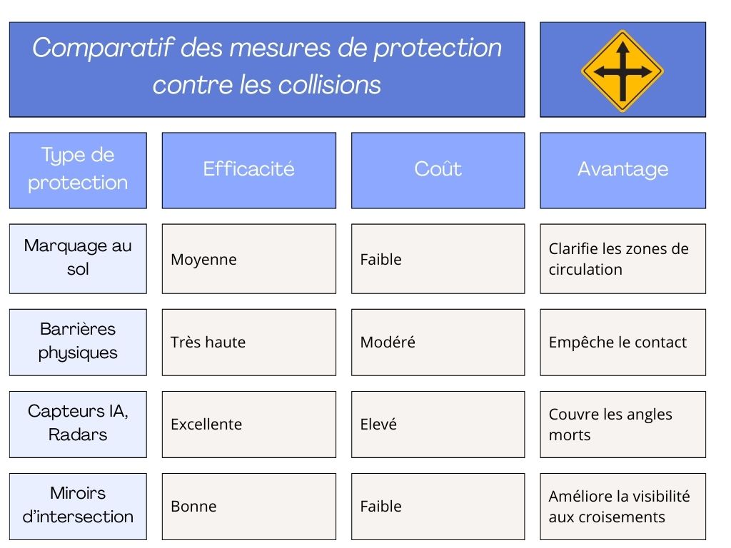 Tableau comparant les différentes solutions de prévention des collisions en entreprise.