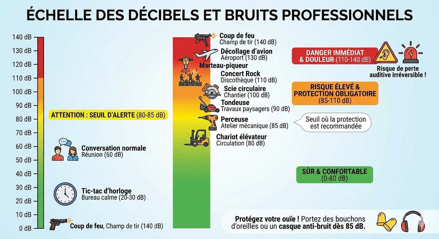 Infographie de l'échelle des décibels indiquant les zones de confort et de risque lié au bruit au travail.