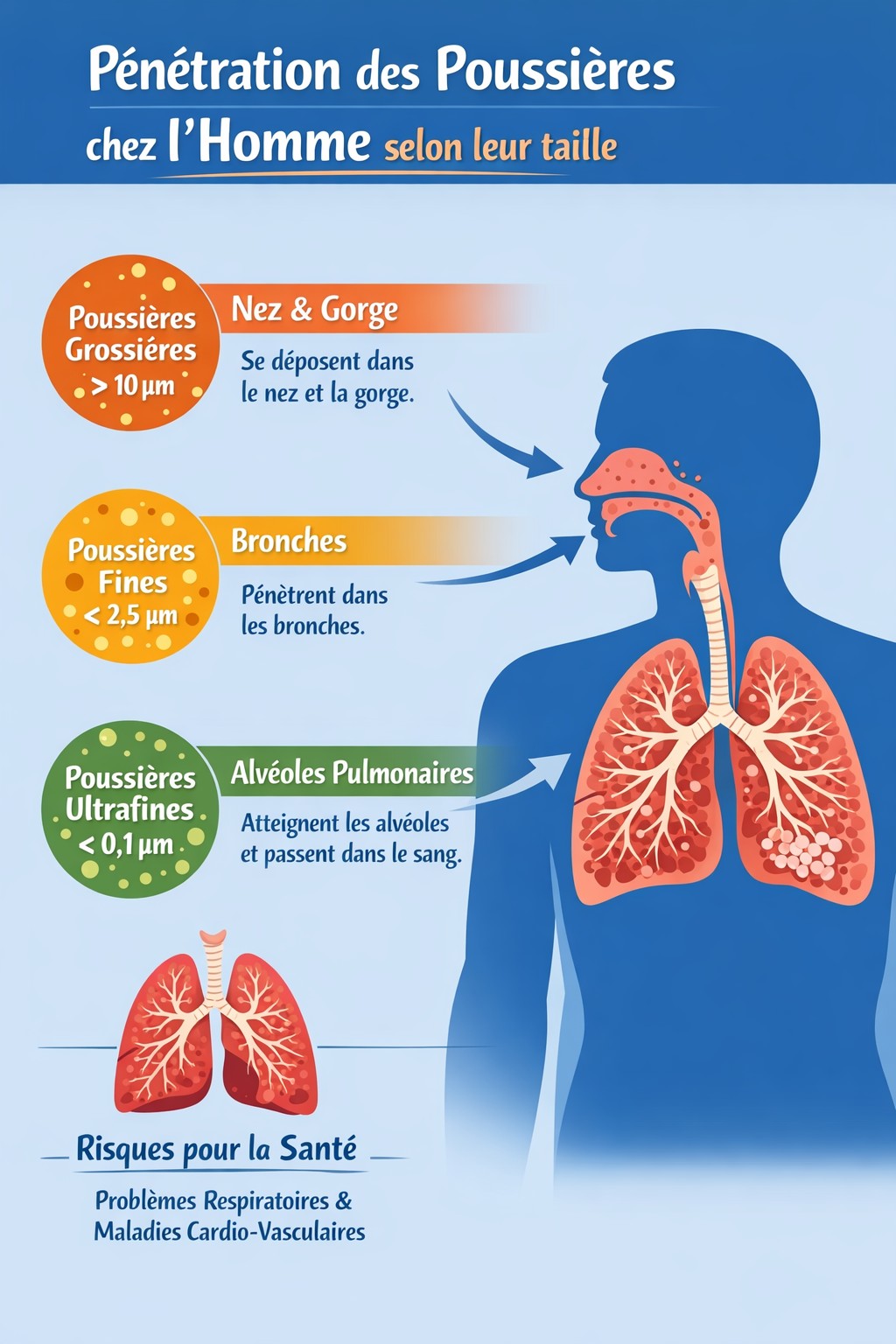 Infographie de la pénétration des poussières selon leur taille Schéma des risques liés aux poussières industrielles sur les poumons et les alvéoles.