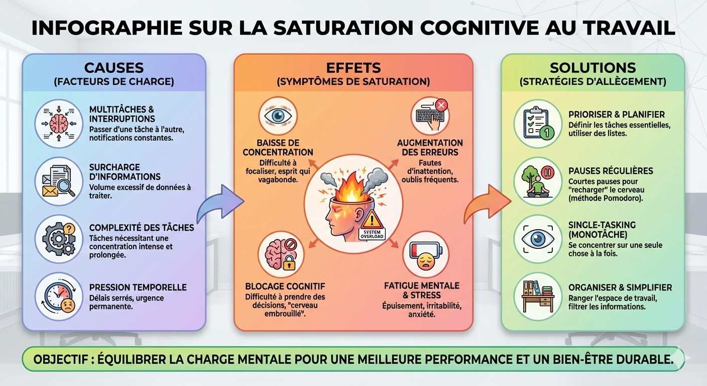 Représentation des risques liés à la charge mentale et de la saturation du cerveau.