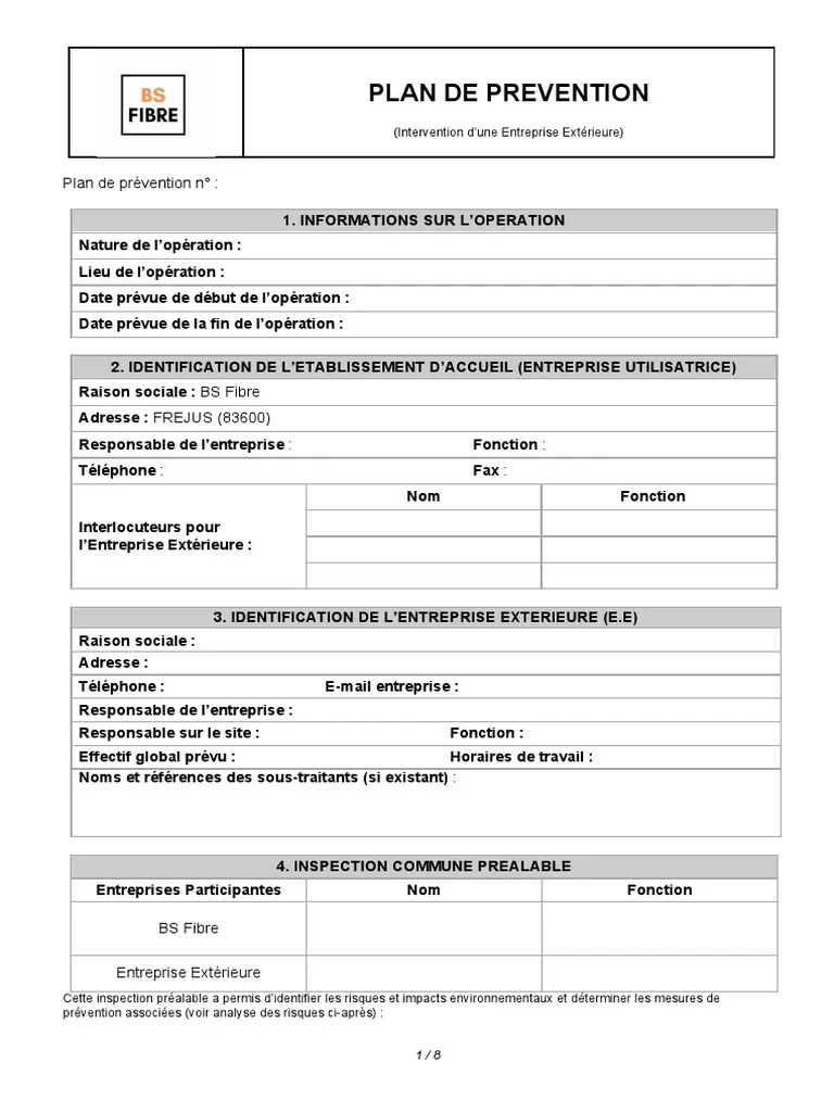 Modèle de document de plan de prévention conforme Exemple de document pour mettre en place un plan de prévention efficace avec les rubriques obligatoires.