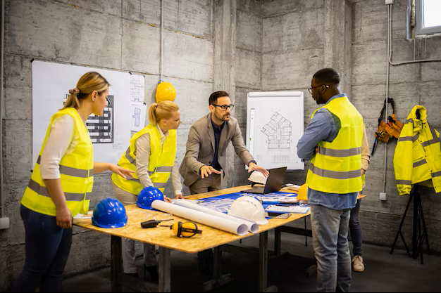 Réunion sur site entre un responsable HSE et un chef de chantier Responsable sécurité et prestataire effectuant une ICP en prévention des risques sur un site industriel.