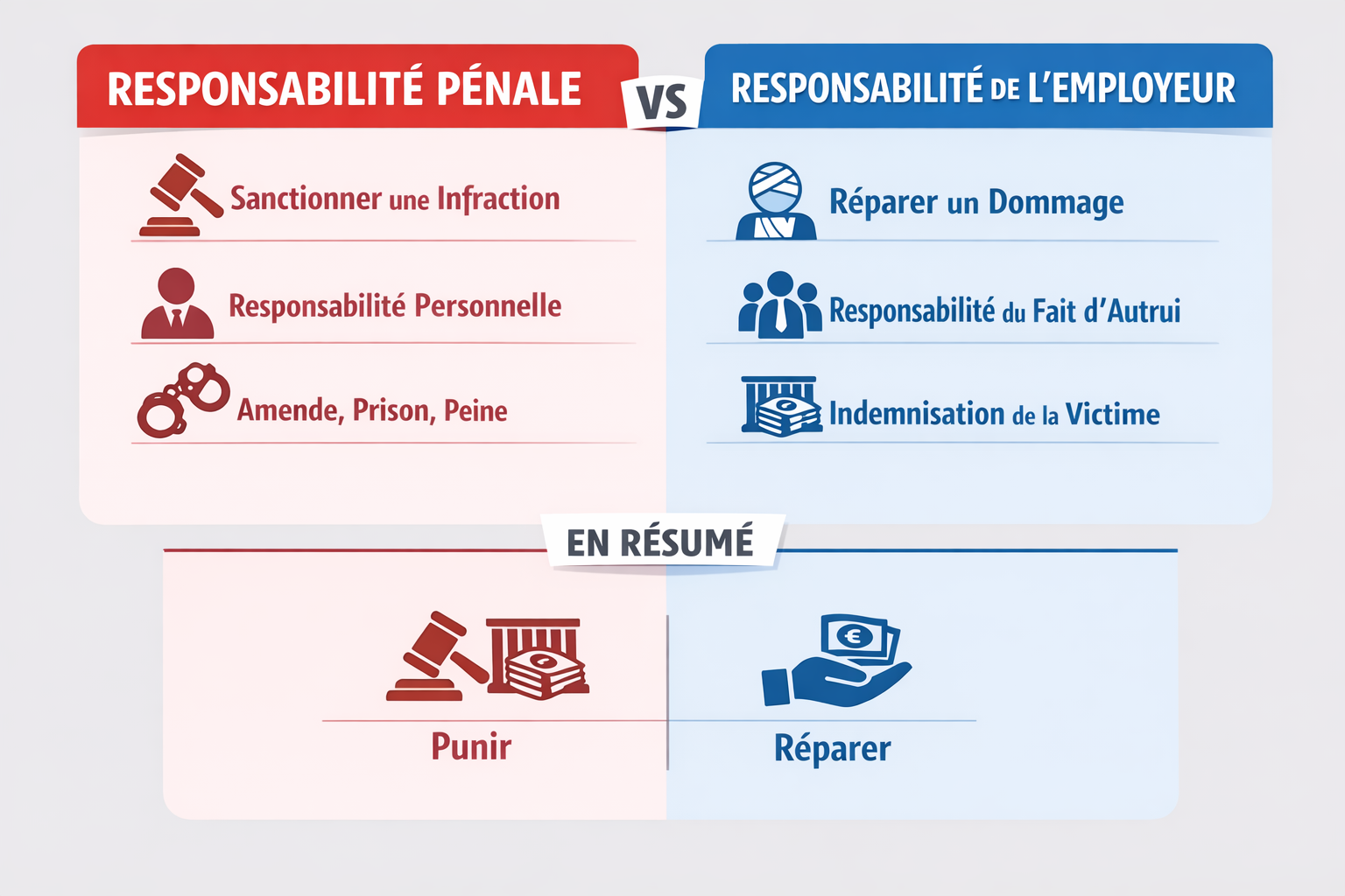 Schéma comparatif entre Responsabilité Pénale et Responsabilité de l'Employeur Infographie différence responsabilité de l'employeur et responsabilité pénale.