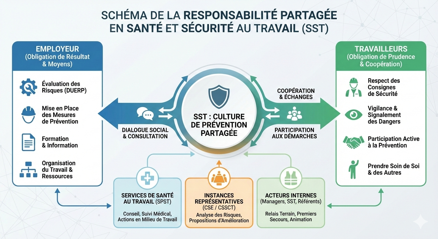 Schéma de la responsabilité partagée en SST Infographie illustrant le rôle des salariés en prévention des risques et de l'employeur.