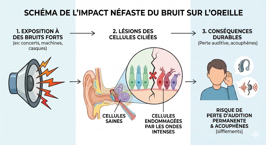 Schéma médical montrant l'impact des risques liés au bruit au travail sur la cochlée.