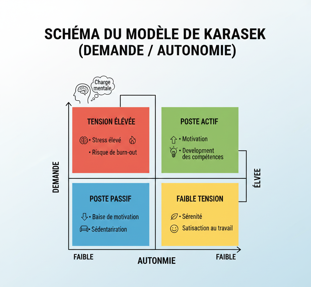 Diagramme de Karasek illustrant l'impact du manque d'autonomie sur les risques psychosociaux liés à l'organisation.
