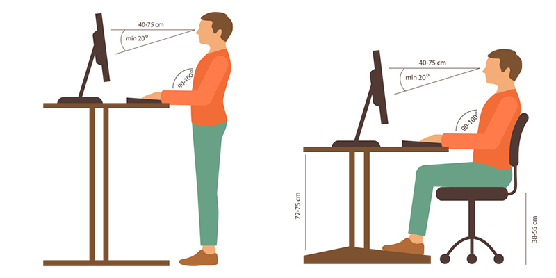 Schéma d'un poste de travail ergonomique pour prévenir les risques des gestes répétitifs au travail.