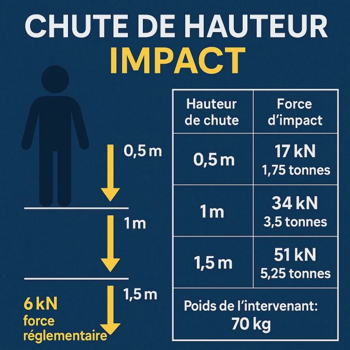 Tableau des différentes forces d'impact des chutes selon leur heuteur.