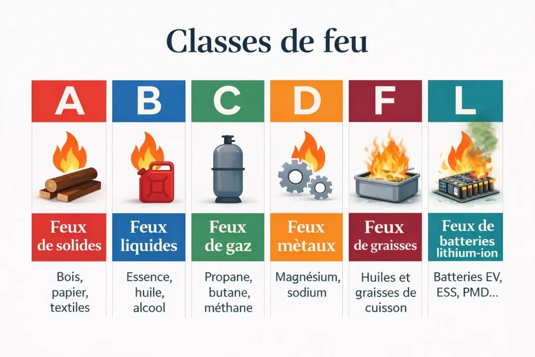 Tableau des classes de feu et extincteurs pour les formations sécurité secteur énergie.