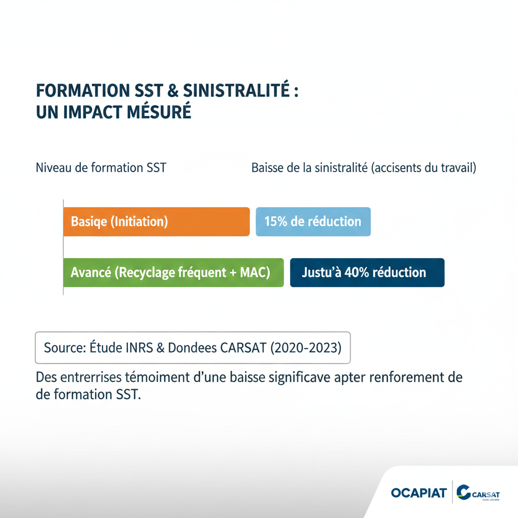 Graphique montrant la corrélation entre budget formation et baisse des coûts d'accidents Rentabilité de la formation pour financer ses formations en interne efficacement via la baisse du taux AT/MP.